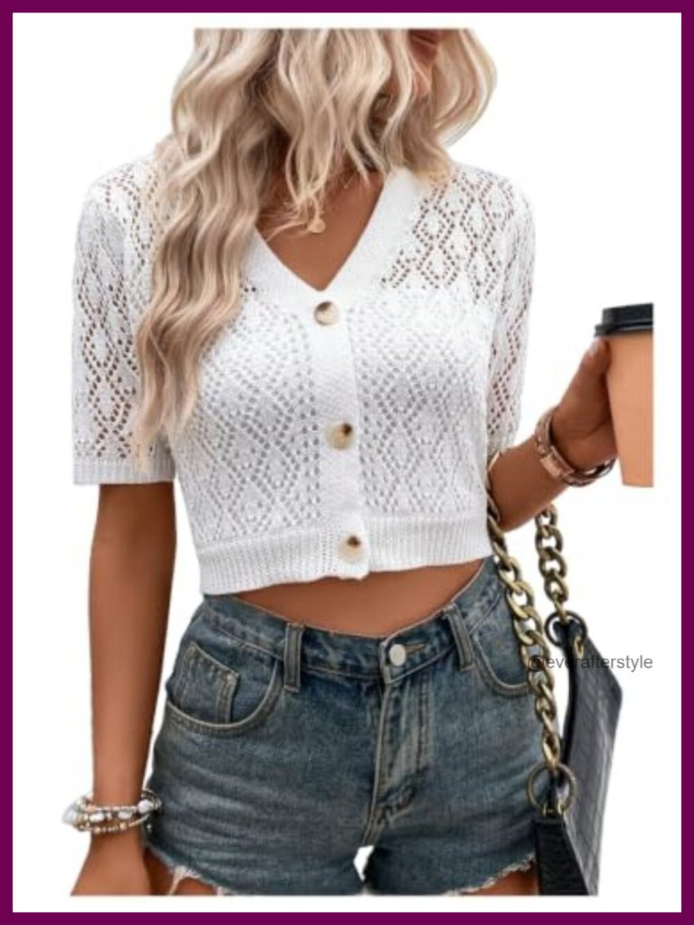 Women's Short Sleeve Crochet Cardigan Cropped Sweater Button Up Hollow Out Knit